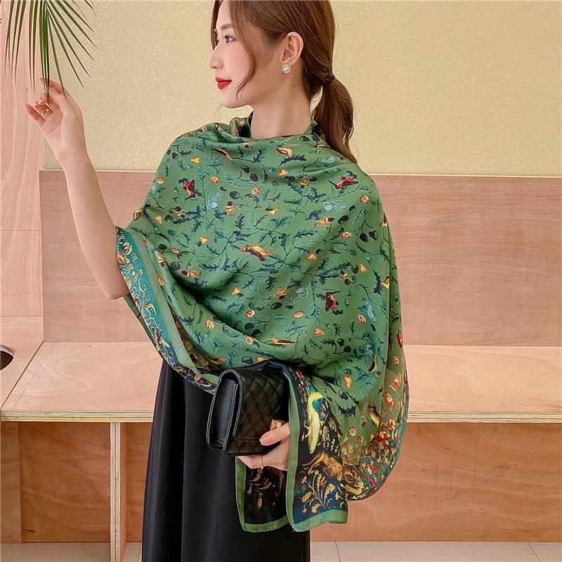 Army Green Luxury Silk Scarf Women Spring Printed Bird Shawls Wraps Lady Soft Bandana Foulard Summer Pareo Stole Long Cover-ups