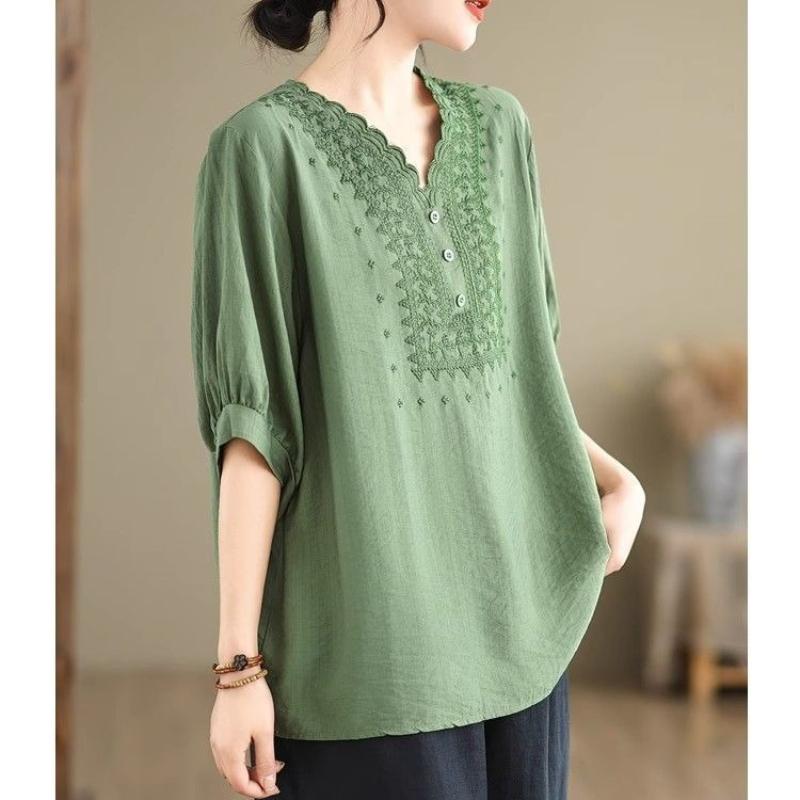 T-shirt in Cotone e Lino Taglia Grande per Donna, Nuovo Stile Estivo Retro Ampio Manica Sette Pollici Top