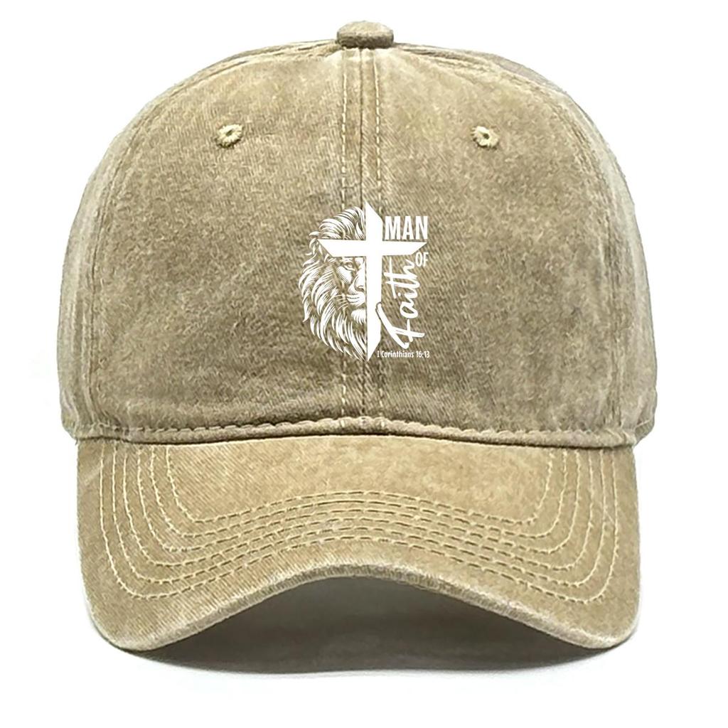 Lion of Judah Cross Print Snapback Baseball Cap, "MAN OF Faith" Flat Cap Sun Protection Curved Brim Sporting Distressed Adjustable Sun Hat