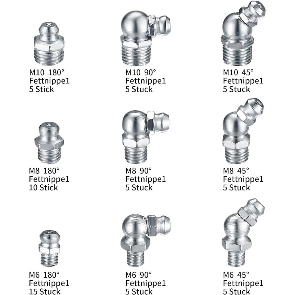 60Pcs Metric Grease Fitting Assortment Straight 45°/90°Angle Galvanized Metal Grease Nipple with Storage Box