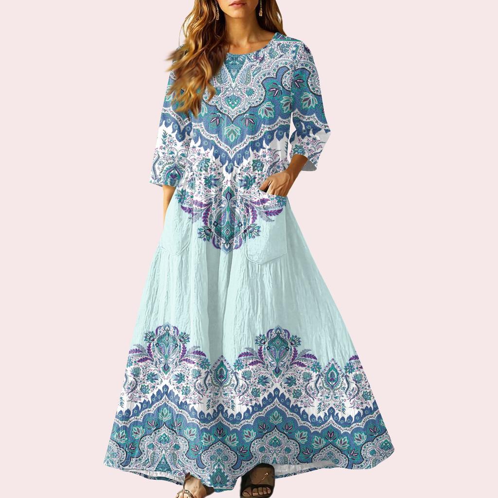 Dámské retro etnické lněné maxi šaty bez rukávů s výstřihem do V a stuhovou výšivkou