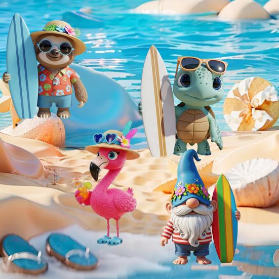 

Beach Party Animal Sculpture Resin Surfing Sloth Turtle Ornament Beach Vacation Gnome Flamingo
