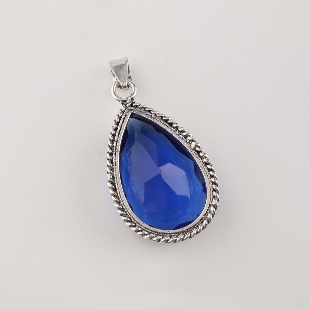 Blue Sapphire Gemstone Silver Pendant 1.8" , 925 Sterling Silver Jewelry, Partywear Pendant, Valentine's Day Gift For Wife PP-65-6