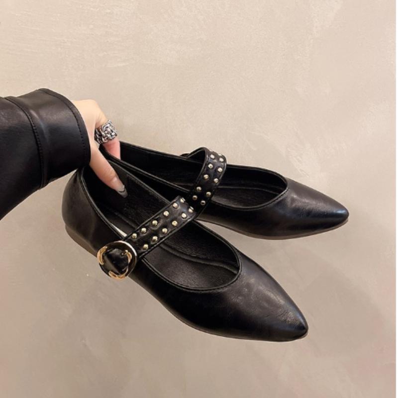 

Модные осенние новые туфли на плоской подошве, женская мода, острый носок, неглубокий вырез, заклепки, мягкая подошва, противоскользящие, износостойкие, низкие туфли 35 чёрный