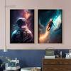 Rymdman i Blommor Canvasmålning Kosmonaut och Planet Affischer Tryck Modern Väggkonst Bilder för Hem Barnrum Dekoration
