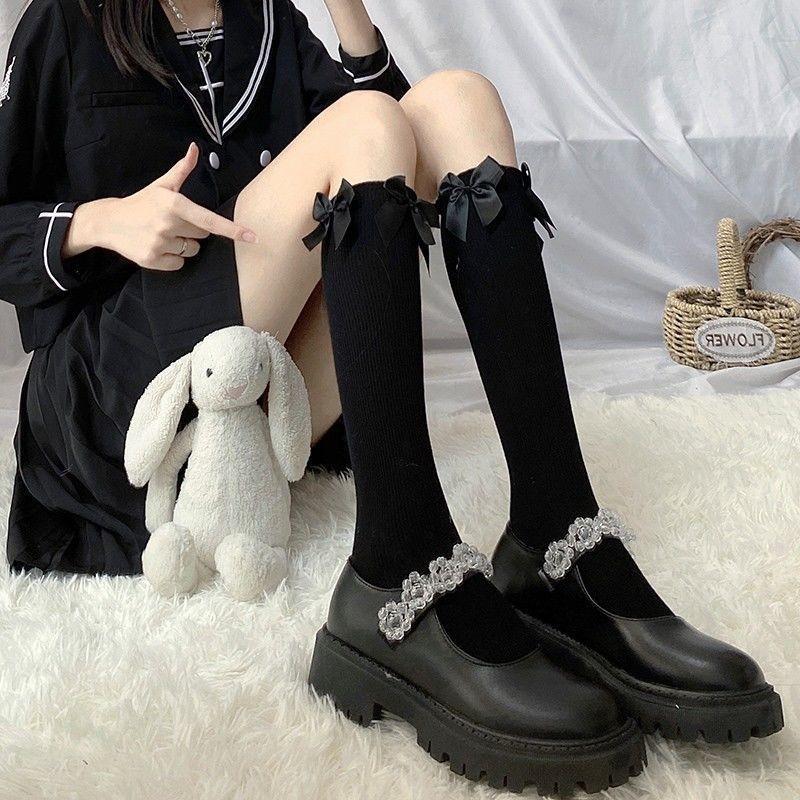 White Jk Bow Calf Socks Niche Women Polyester Cotton Medium Long Tube Spring And Autumn Knee Half Leg Socks High Tube