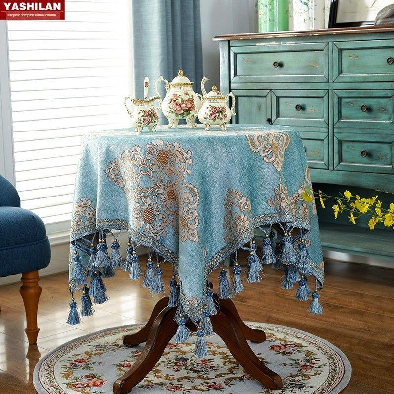 

European-Style round Tablecloth round Tablecloth Small Coffee Table Cover Cloth Light Luxury American Rectangular Tablecloth Fabric Cotton and Linen Lake Blue Cover cloth 50*50cm