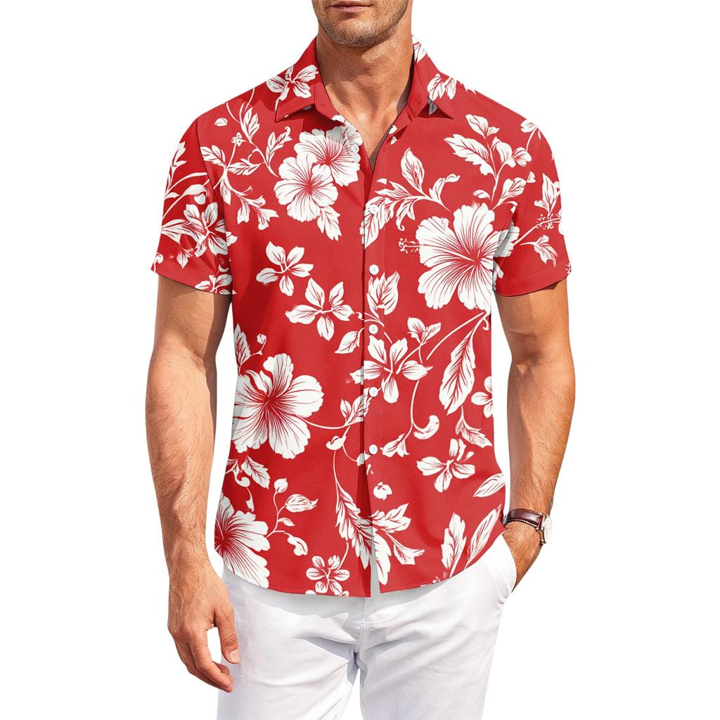 Men’s Hawaiian Print Casual Outdoor Collared Short Sleeve Shirt with Relaxed Fit Button Down Design for Summer Activities