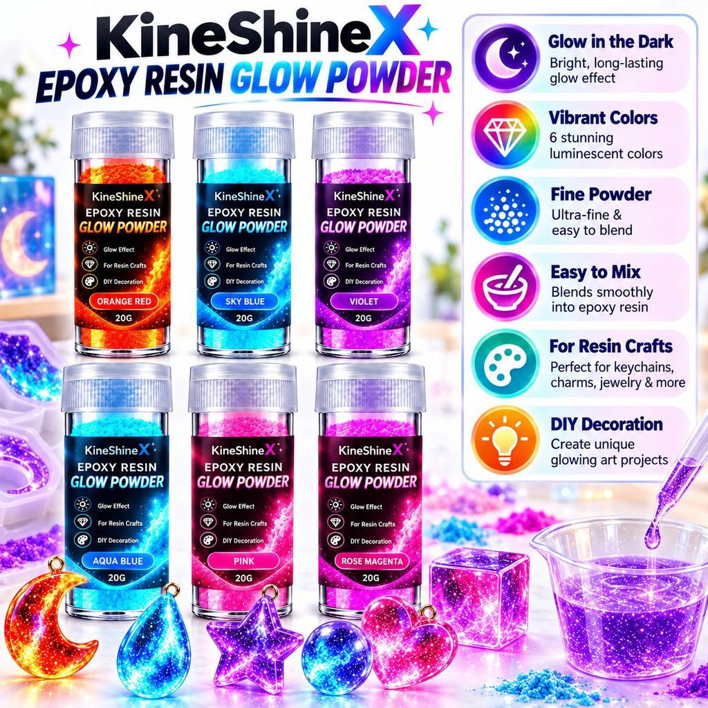 Glow in The Dark Resin Pigment Powder, 6 Bottles Ultra Fine Luminous Powder for Epoxy Resin Casting & Handmade Crafts