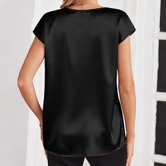 Women Tops Loose Fit Summer Blouse V-Neck Short Sleeve Smooth Satin Soft Stretchy Pullover