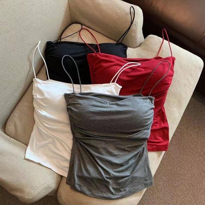 Pleated Camisole Women's Belt Chest Pad Inner and Outer Wear Beautiful Back Thin Shoulder Straps Thin Bottoming Top Women's Summer