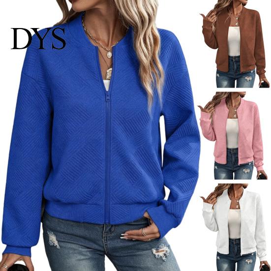 Comfortable Women Workwear Fall Winter Zip-Up Jacket, Solid Color Long Sleeve Casual Jacket Outwear, Round Neck Autumn Coat with Ribbed Collar