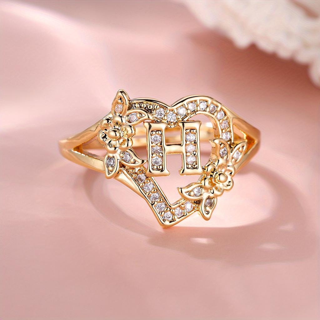 1 Stück goldene Farbe 26 englische Buchstaben CZ Zirkon Ring Rose Blume verstellbare Öffnung Ring Ehering Schmuck Valentinstag Geschenk