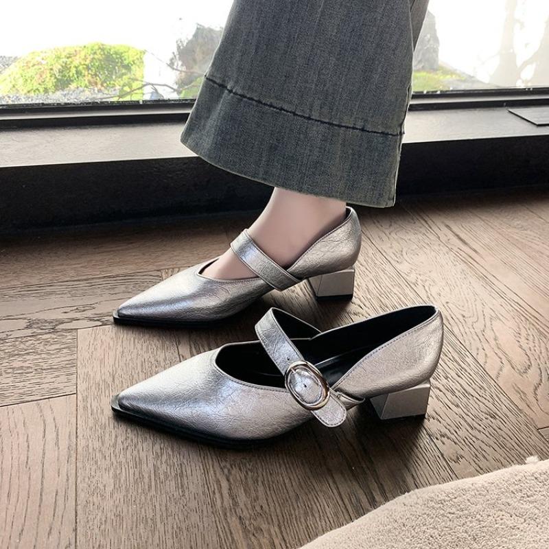 Fashion Metal One-strap Thick-heeled Shoes Autumn New Style Pointed Shallow Mouth Non-slip Wear-resistant Mid-heel Shoes