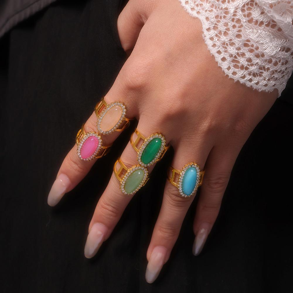 3A Zircon Inlaid Natural Stone Opening Ring 316 Titanium Steel Plated with 18K Gold Adjustable