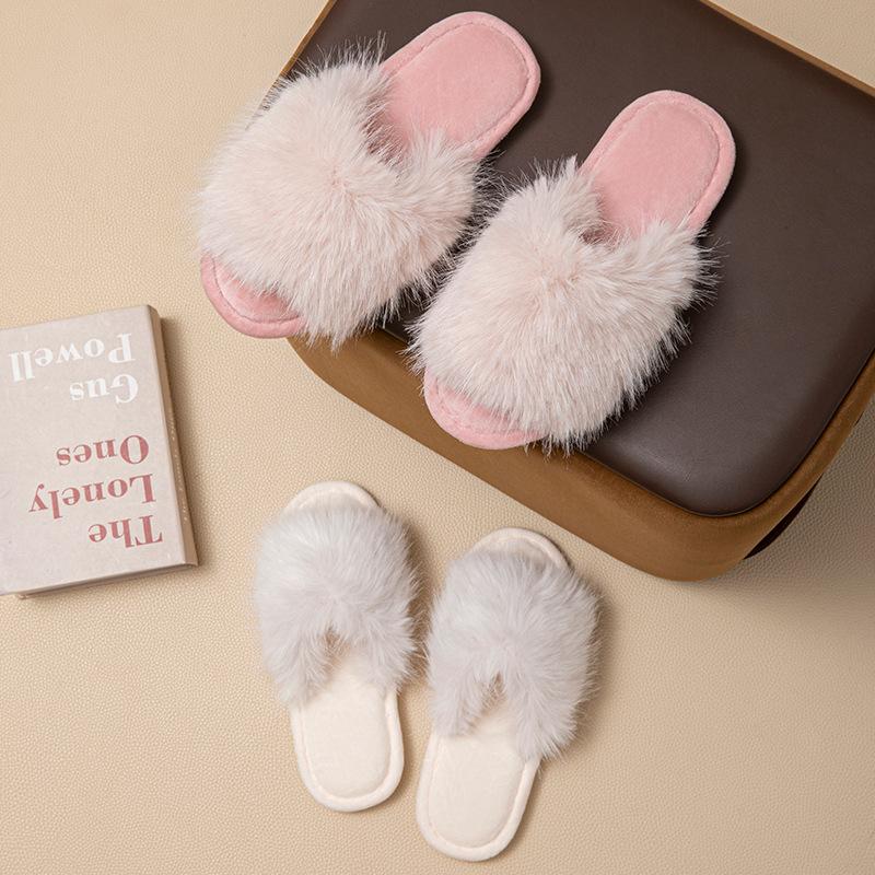 Open plush slippers fish mouth home less plush slippers indoor European and American fluffy slippers