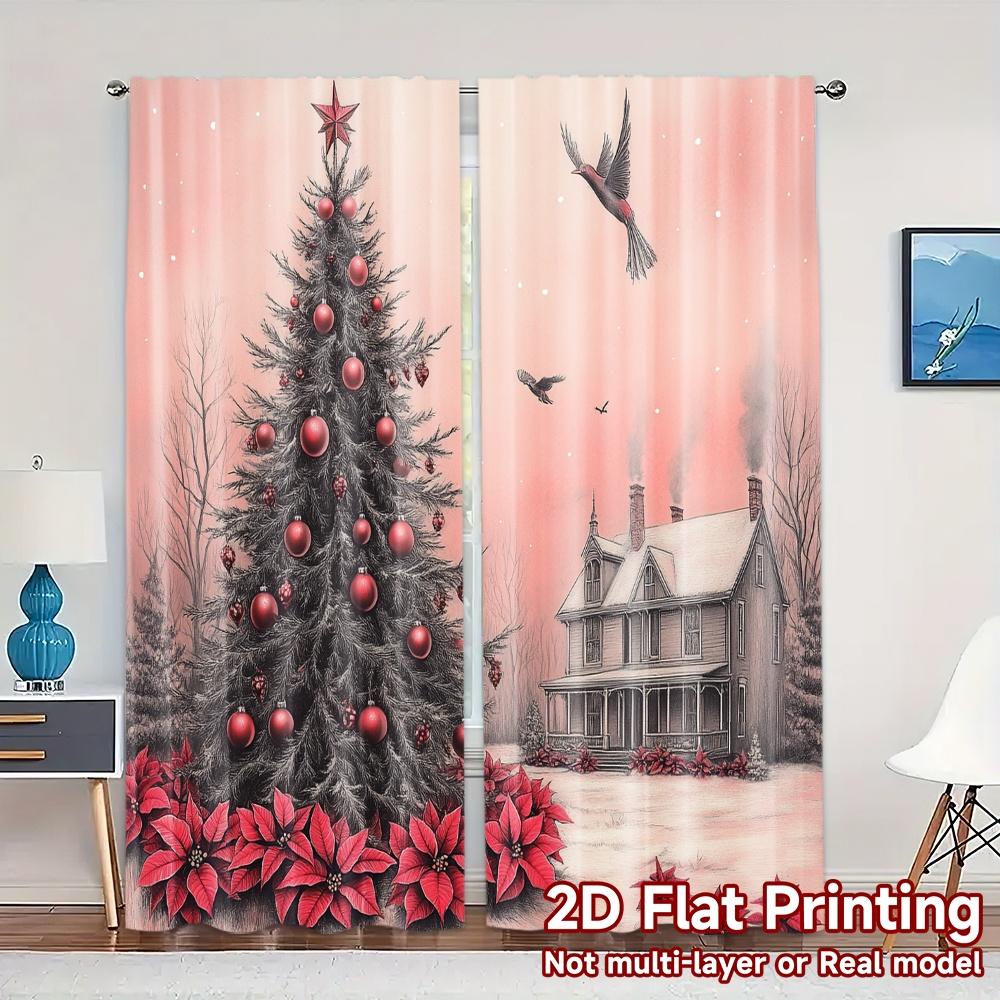 

2pcs,Curtains Christmas Tree House Swans Popular Creative Curtains Versatile Polyester Fabric Curtains Gifts for Living Room, 52.50×116.00 CM 2pcs