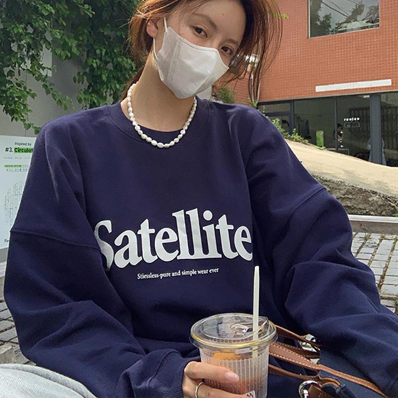 

Fleece loose casual sweater women s autumn and winter coat vintage crew neck long-sleeved bottoming shirt Korean women s clothing XXL темно-синього кольору