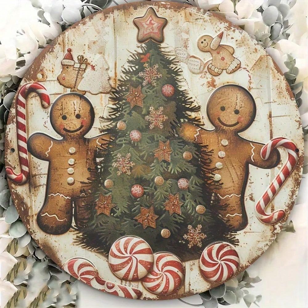Vintage Gingerbread Man and Tree Aluminum Metal Sign Wall Art for Home Restaurant Garage Festive Decor