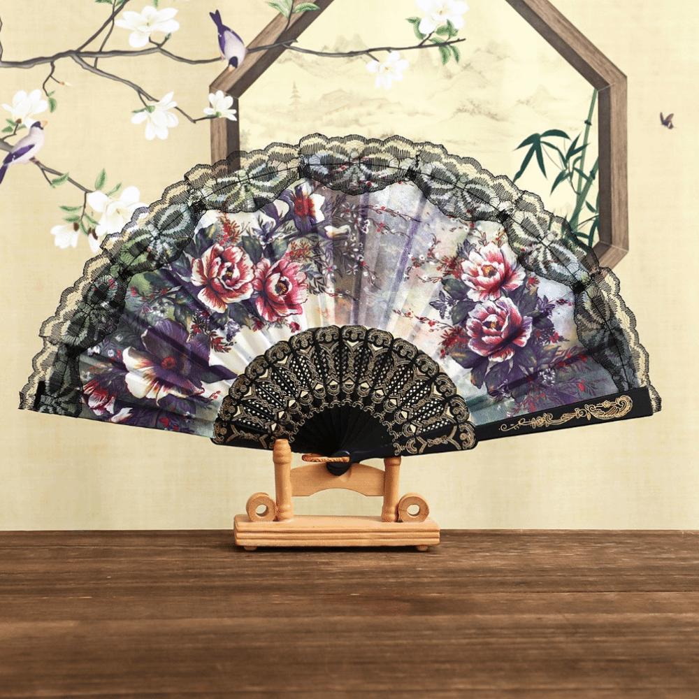 Plastic Ribs Spanish Folding Fan Lace Trim Edge Handheld Fan Elegant Dance Prop Fan Gift