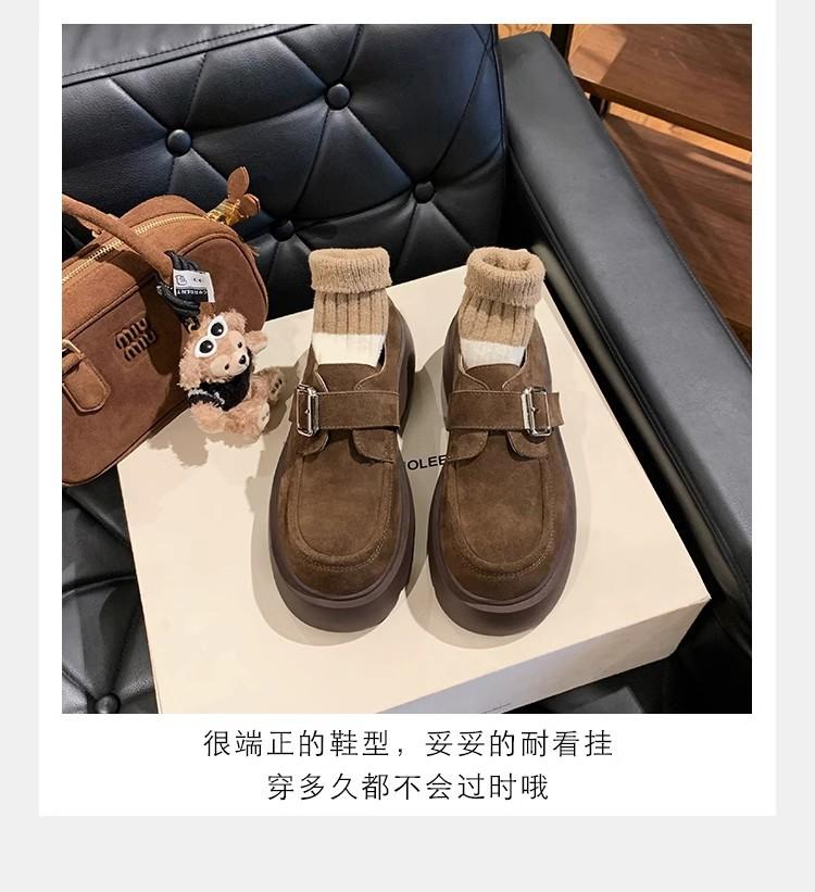 Round head metal one-word buckle with heightened thick heel platform loafers women's 2025 autumn and winter new British style small leather shoes