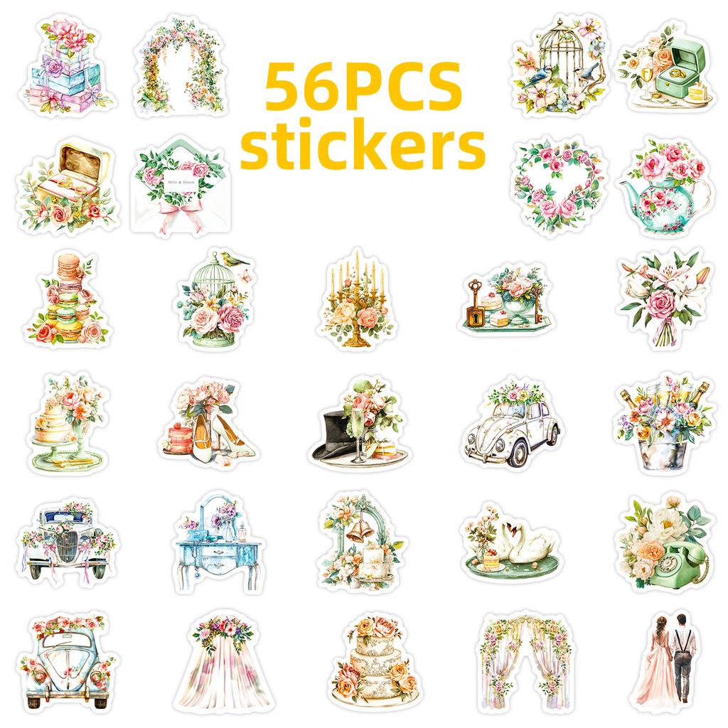 New 56 Small Fresh Retro Wedding Flowers Stickers Watercolor Flowers Wedding Creative Decoration Materials Stickers