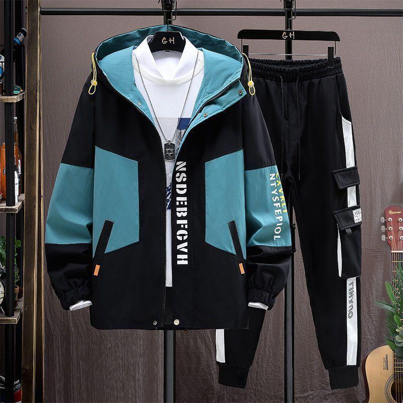 Men's Plus Size Spring and Autumn Jacket Set, Casual Loose Jacket+Pants, Student Sports Two Piece Set