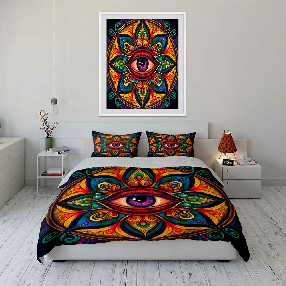 "Mandala Eye Artwork Home Decor" Bedding Set with 1 Duvet Cover 2 Pillowcases Single Double King Queen, Gift