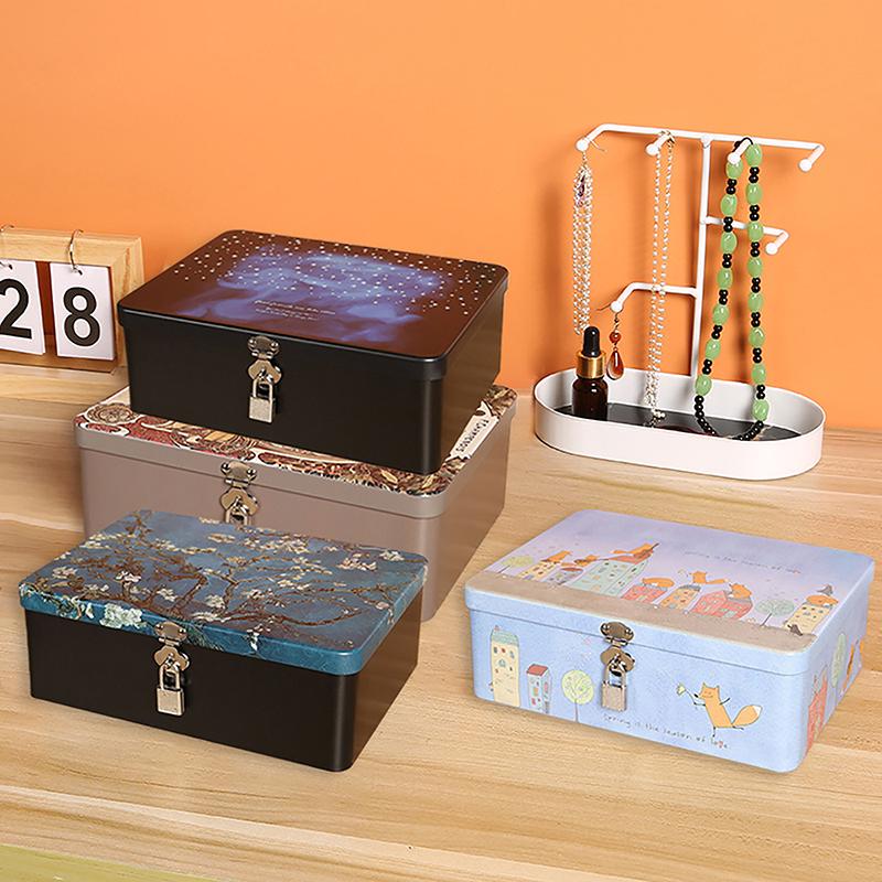 Vintage Large Capacity Tinplate Box With Lock Key Desktop Storage Case Metal Box Jewelry Storage Empty Box