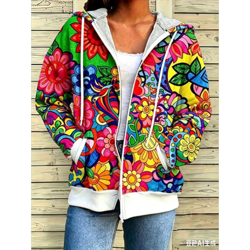 Zipper Splicing Fashion Loose Women's Casual Flower Print Hoodie Fashion Spring And Summer