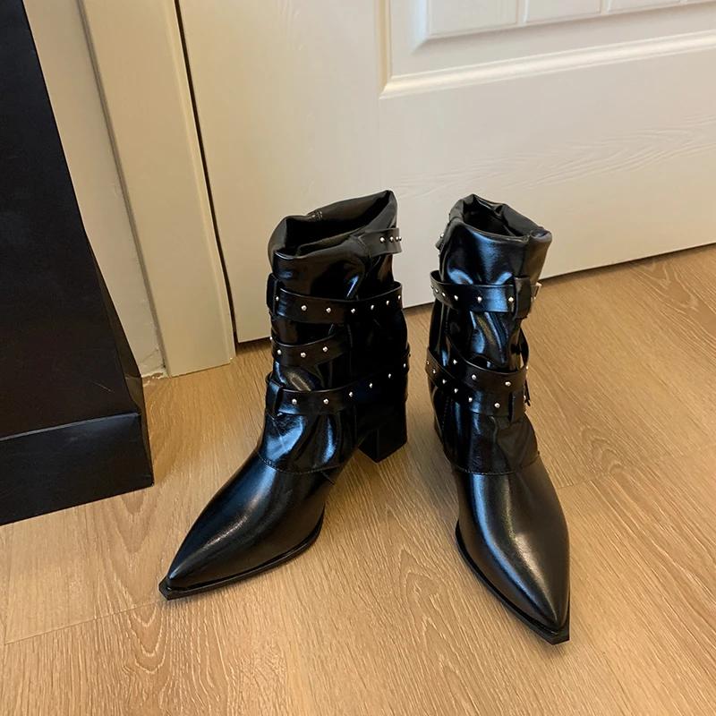 New Spring and Autumn Pointed Block Heel Booties Women Summer Fashion Versatile Rivet Booties Boots