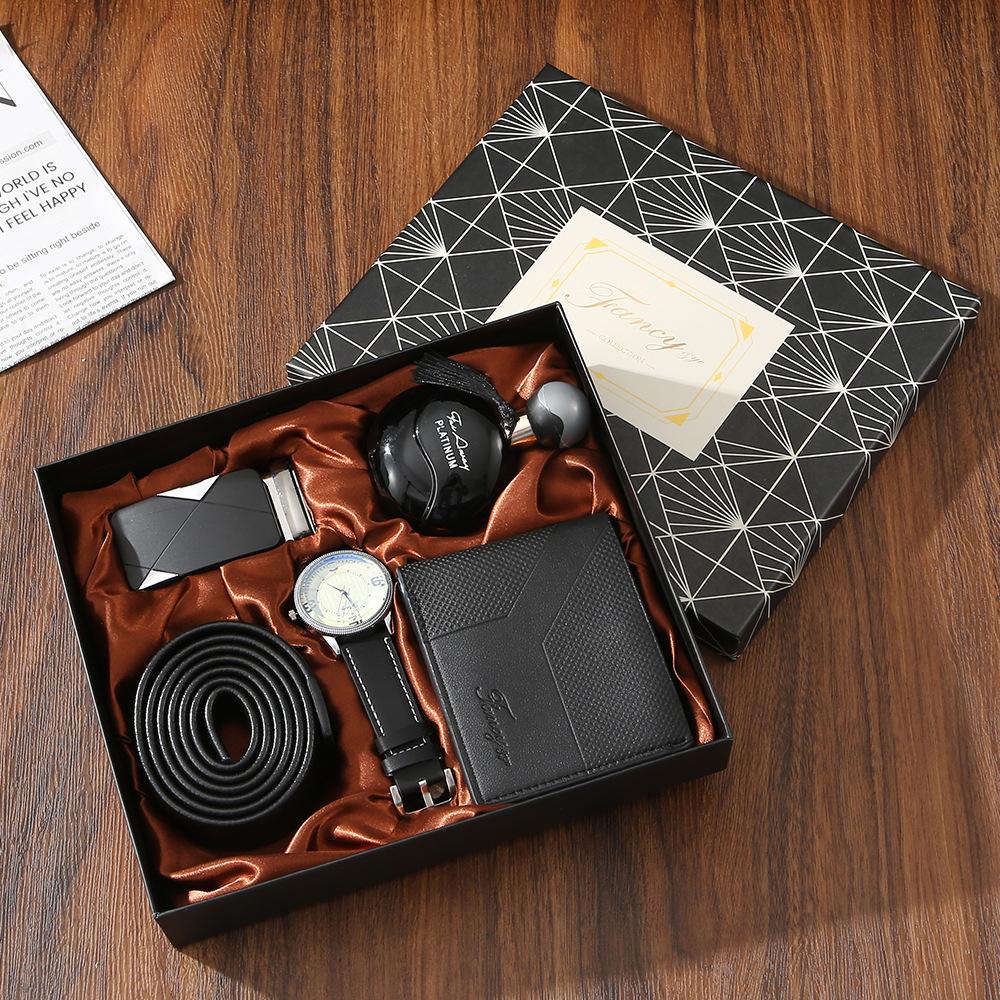 Premium Men's Souvenir Gift Set Custom Logo Leather Wallet Belt Watch Sunglasses 4-Piece Valentine Birthday Luxury Box