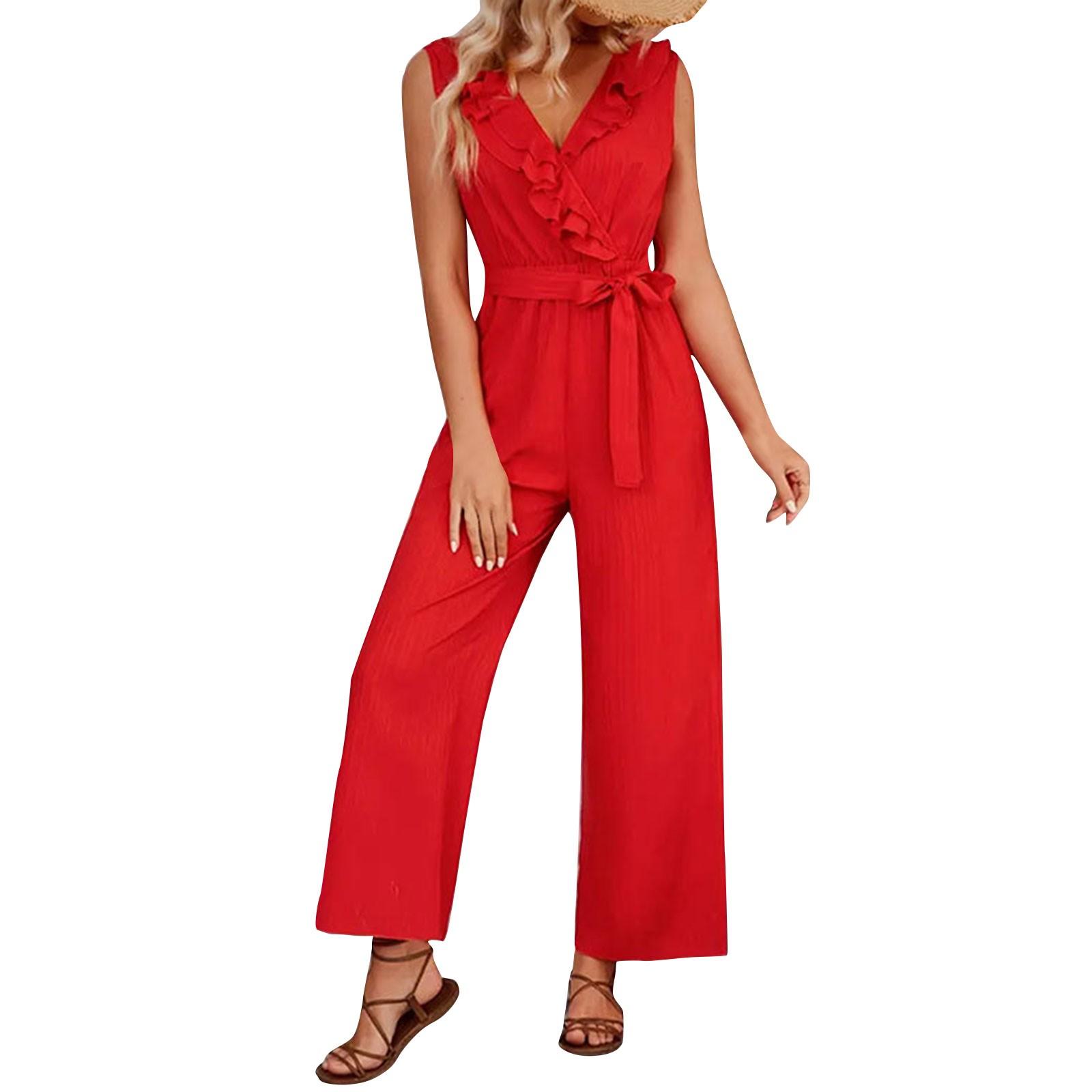 Летний женский комбинезон без рукавов с v-образным вырезом и широкими штанинами — фото 2