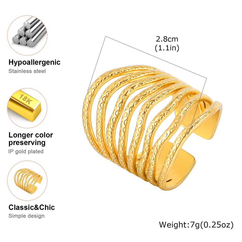 Irregular Texture Wave Opening Ring,Gold Color Stainless Steel Geometric Rings,Women's Jewelry Accessories Gifts