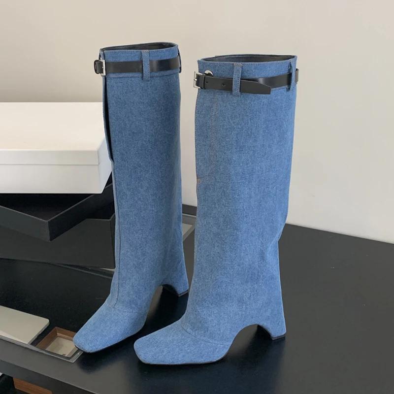 Fashion Eilyken New Winter Street Style Belt Buckle Strap Knee-High Women Boots Square High Heels Booties Stripper Pumps Shoes