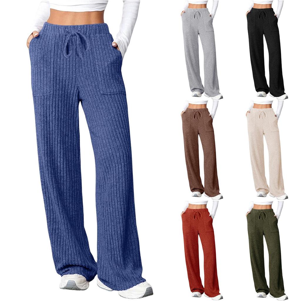 2025 Autumn/Winter Women's Casual Ribbed Pocket Long Pants – European & American Style