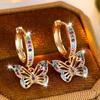 1 Pair Butterfly Hoop Earrings, Gold Synthetic Zirconia - Colorful Cute Jewelry Gift for Ladies, Wedding Party Wear