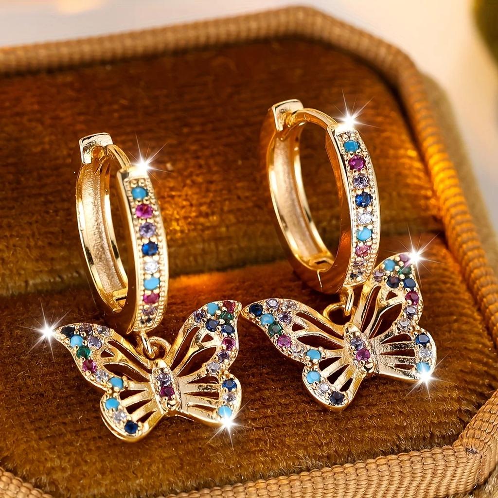 1 Pair Butterfly Hoop Earrings, Gold Synthetic Zirconia - Colorful Cute Jewelry Gift for Ladies, Wedding Party Wear
