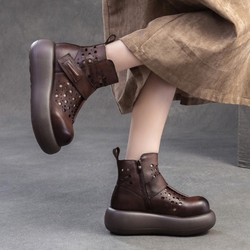 Johnature Retro Breathable Hollow-out Summer Boots Genuine Leather Short Boots Versatile Women's Flat Platform Shoes