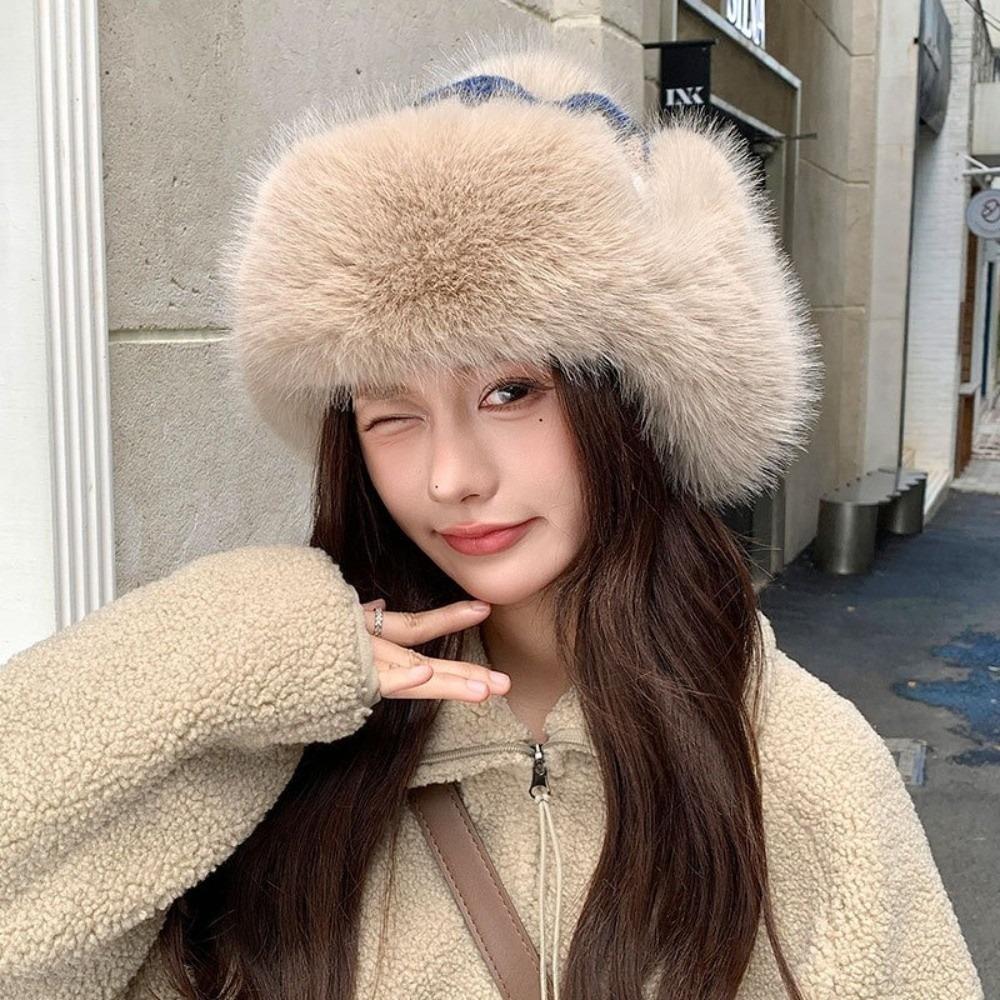 Thick Fleece Plush Basin Hat Plush Ear Flap Hat Fashion Knitted Hat Cold Weather