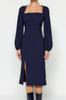 Women's Dress New Season Fashion Navy Blue Slit Square Collar Woven Dress