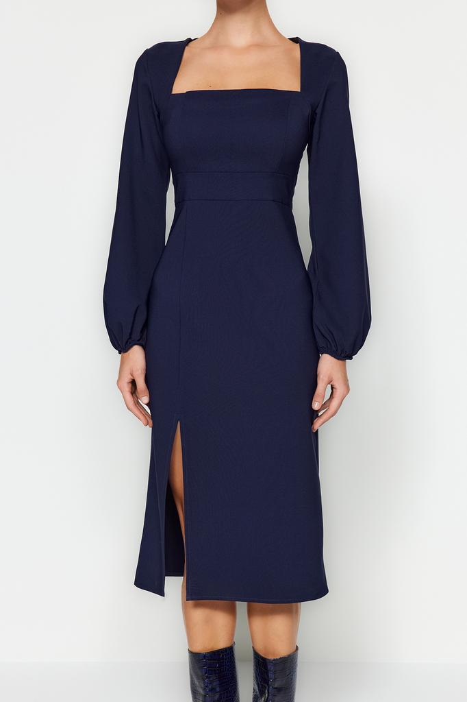 Women's Dress New Season Fashion Navy Blue Slit Square Collar Woven Dress