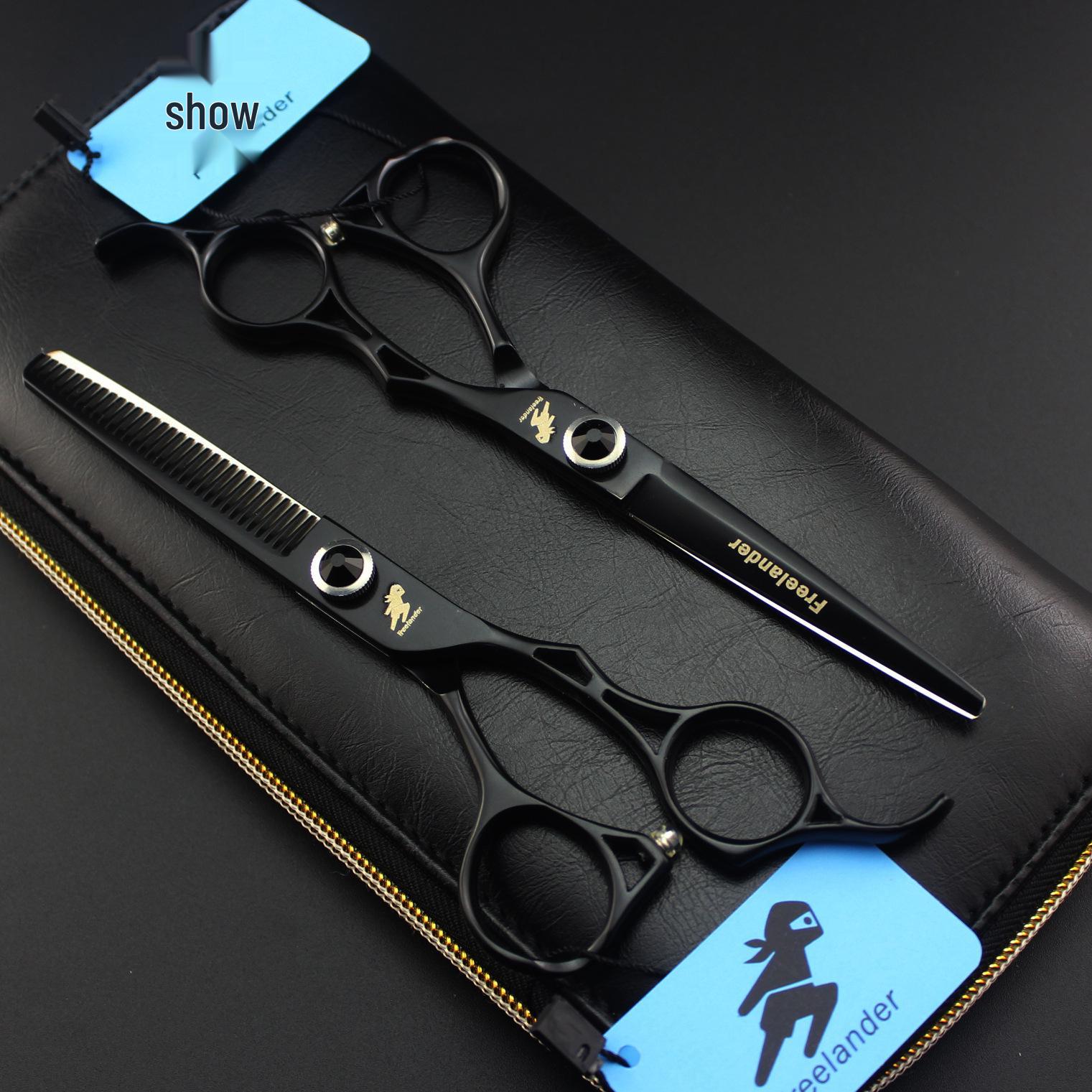 6 Black Hollow Handle Hairdressing & Barber Scissors Set: Straight & Thinning Shears Straight Shears
