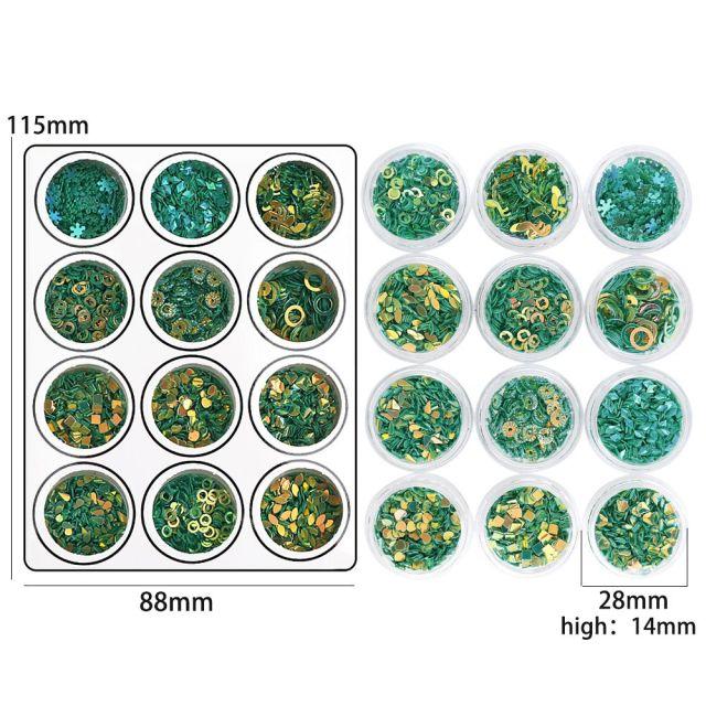 Green nail glitter stickers, 12 types, clover accessories, clover crafts