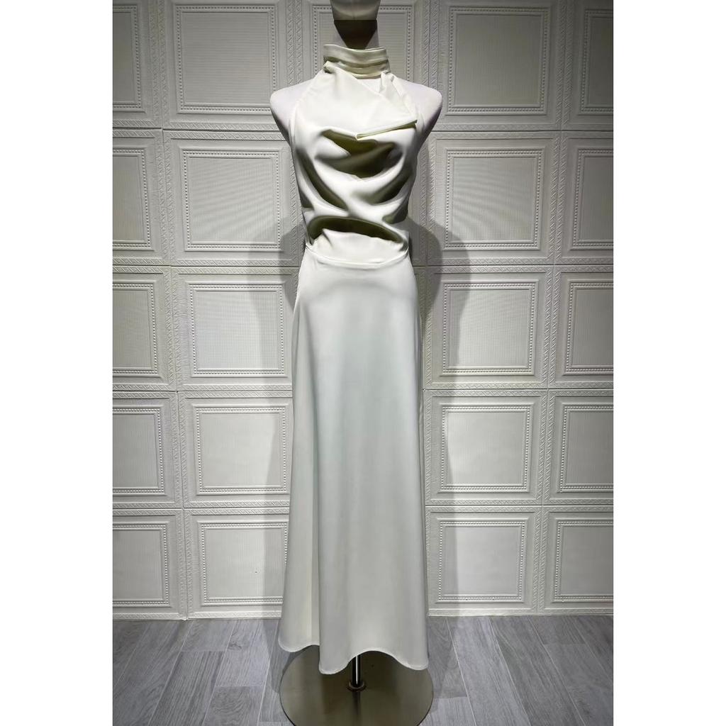 Summer New Satin Halter Dress Women's Sexy V-neck Backless Slim Fit Long Maxi Dress European American Crossbody Women's Clothing