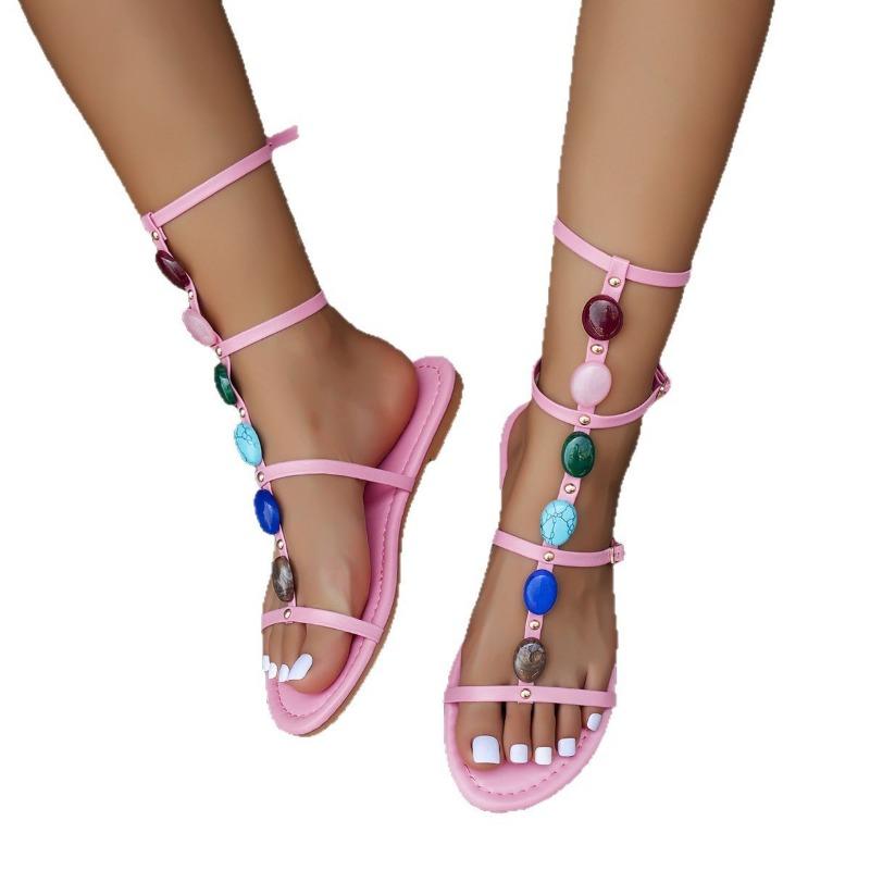 Large Size Summer New Flat Heel Colored Sandals Women's Seaside Vacation Bohemian Beach Shoes