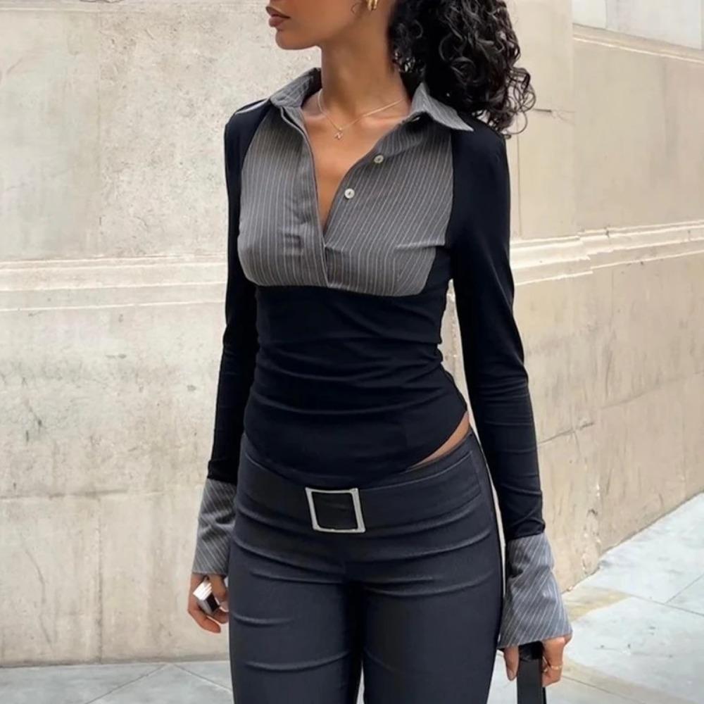 Oficiální dámské košile s pruhovaným potiskem, patchworkové, módní polokošile s knoflíky, úzké zkrácené topy, elegantní košile