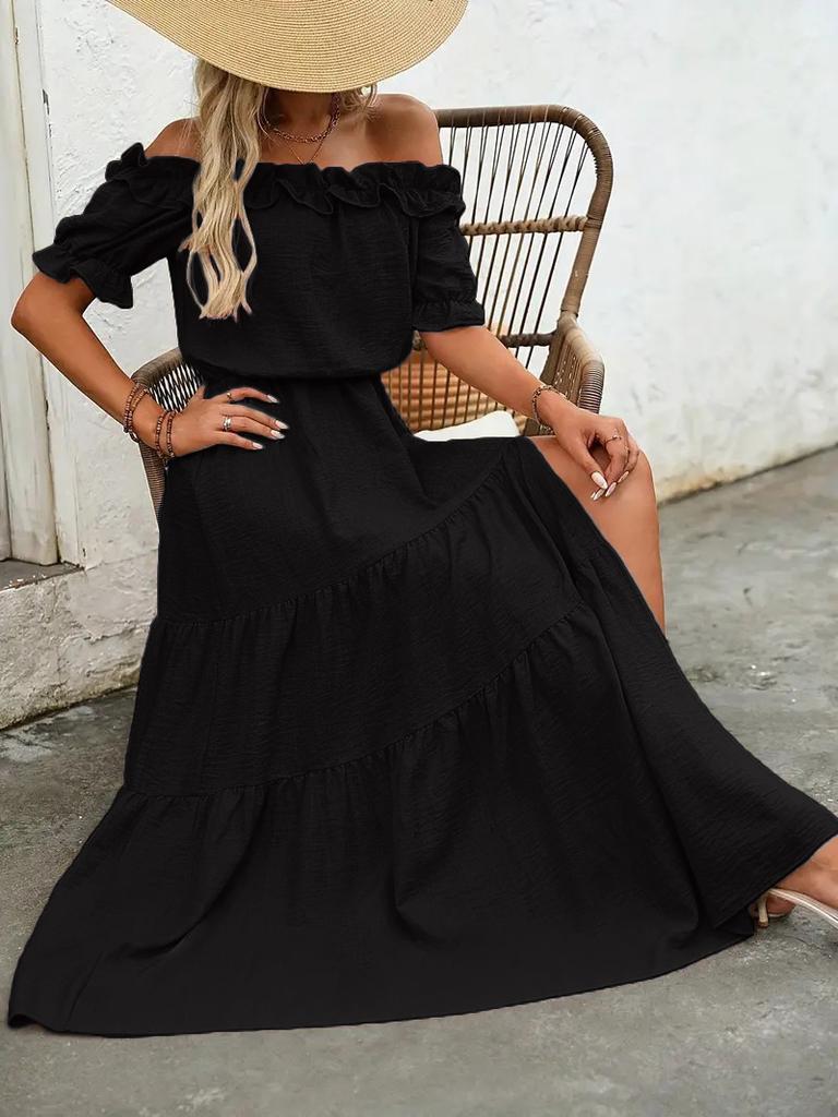 New, summer one-word shoulder fungus edge waist side split dress women