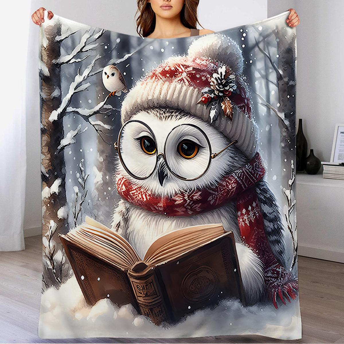Winter Owl Snowy Forest Blanket - Plush Soft Throw with Book-Loving Owl Design, Perfect Gift for Book Lovers Home Decor 75X95CM