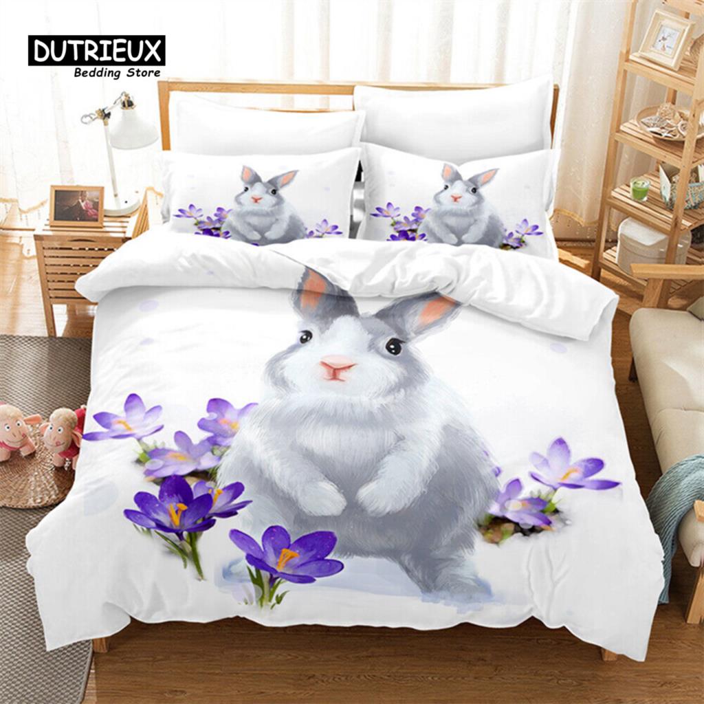 Bunnies Duvet Cover Mushroom Floral Bedding Set Cute Animal Rabbit Quilt Cover Twin Size Greetings and Presents for Easter Day